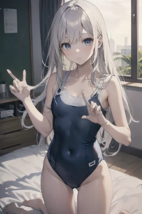 high quality、最high quality、Complete limbs、Ultra-high resolution、Shining Eyes、Full hands and fingers、Slender beauty、Wearing a white school swimsuit、White skin