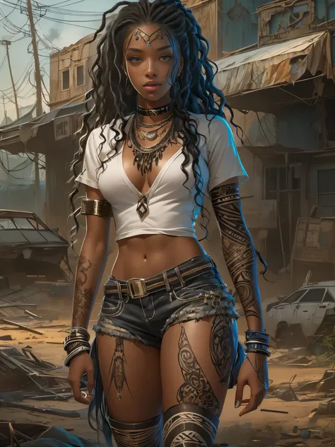 ((21-year-old))) black girl, (((light skin))),  (((attractive pose))),  (((long wavy black hair))), (((silk thigh highs with skimpy shorts))), (((wearing post-apocalyptic clothing, short sleeve white shirt, unbuttoned half way))), African tribal tattoo sle...