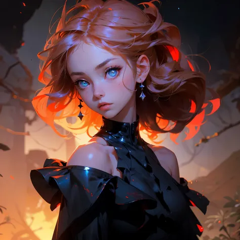 Masterpiece, best quality, super high resolution, fluorescent color,1 girl, looking at the audience, beautiful face, beautiful eyes, (bare shoulder: 1.2), head up, upper body, forest, shiny hair, shiny skin, glowing cut, chibi,: 1.5, black starlight dress,...