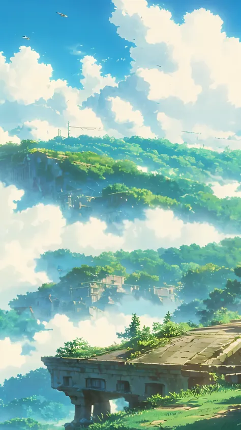 imagine a sprawling city built on top of giant, ancient trees that pierce the clouds. anime characters with flowing clothes and ...