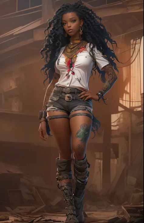 ((21-year-old))) black girl, (((light skin))),  (((close-up full body pose))),  (((long wavy black hair))), (((silk thigh highs with skimpy shorts))), (((wearing post-apocalyptic clothing, short sleeve white shirt, unbuttoned half way))), African tribal ta...