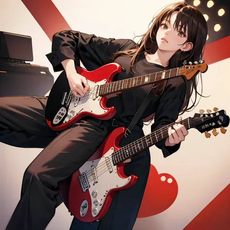 One Womans Son、girl、brown hair、Hair on the shoulders、Straight Hair、Slightly sloppy eyes、shiny hair、Black Shirt、Black Cutter Shirt、Black trousers、tucked shirt into trousers、red guitar、Red Stratocaster、jazz、Black leather shoes、cute、Beauty、