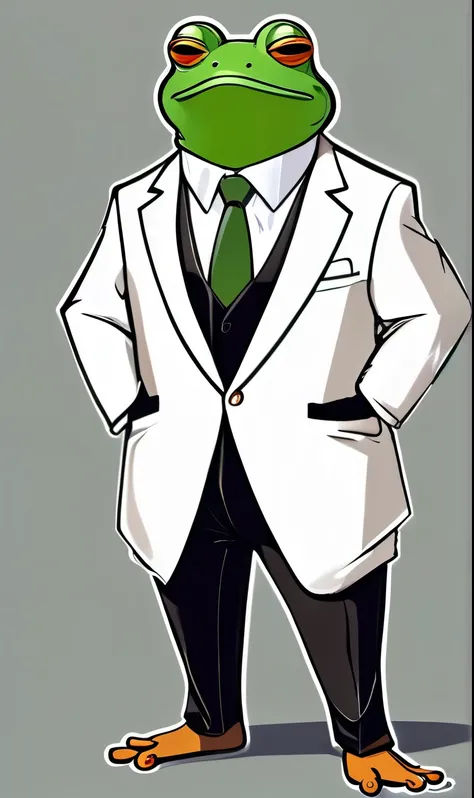 A frog like pepe meme character with beard and hair bun wearing suit full body head to toe pic