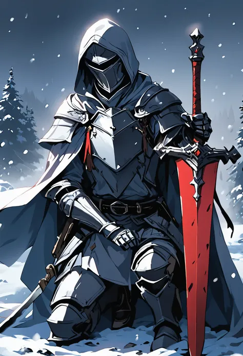 solo, 1boy, holding, sitting, weapon, male focus, sword, hood, cape, holding weapon, armor, glowing, holding sword, gauntlets, c...