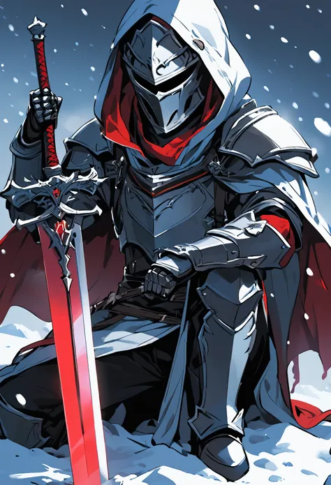 solo, 1boy, holding, sitting, weapon, male focus, sword, hood, cape, holding weapon, armor, glowing, holding sword, gauntlets, c...