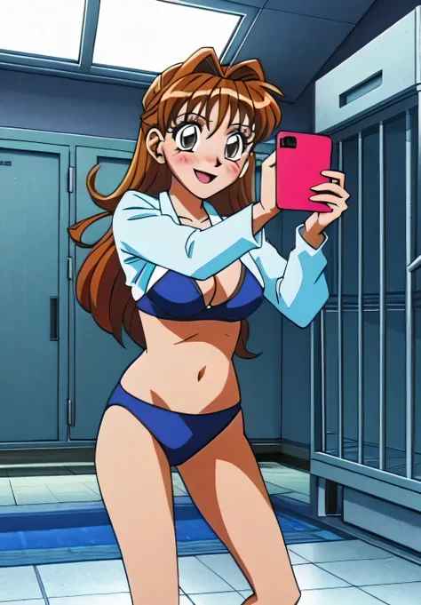 alone,locker room,Selfie,bikini,Swimwear,pupil_Brown,blush,smile,Open your mouth,masterpiece, expensive quality, very_expensive_solve, big_file size, Full Color,