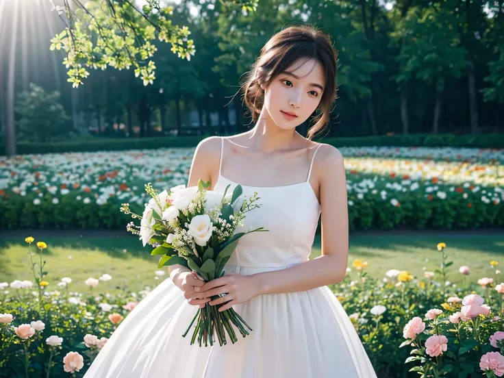 best qualtiy，tmasterpiece，Ultra-high resolution，（Reality：1.4），RAW photogr，1girll，white dresses，cropped shoulders，blooming flower field，Glowing skin，(((Face away from the camera)))，Holding a bouquet of flowers，Stunning light