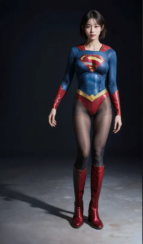 No background、(((Beautiful legs in black tights.)))、(((Legally express the beauty of your smile)))、((((Make the most of your original images)))、(((Supergirl Costume)))、(((beautiful short bob hair)))、(((suffering)))、(((Please wear black tights....、Wear red ...