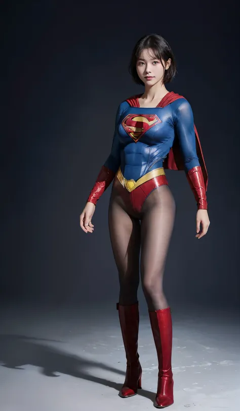 No background、(((Beautiful legs in black tights.)))、(((Legally express the beauty of your smile)))、((((Make the most of your original images)))、(((Supergirl Costume)))、(((beautiful short bob hair)))、(((suffering)))、(((Please wear black tights....、Wear red ...