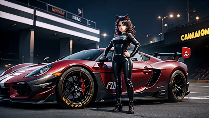 a girl leans on a car. , piloto de carrera, piloto de carreras, flame retardant racing suit, hippodrome at night, neon lights , ...