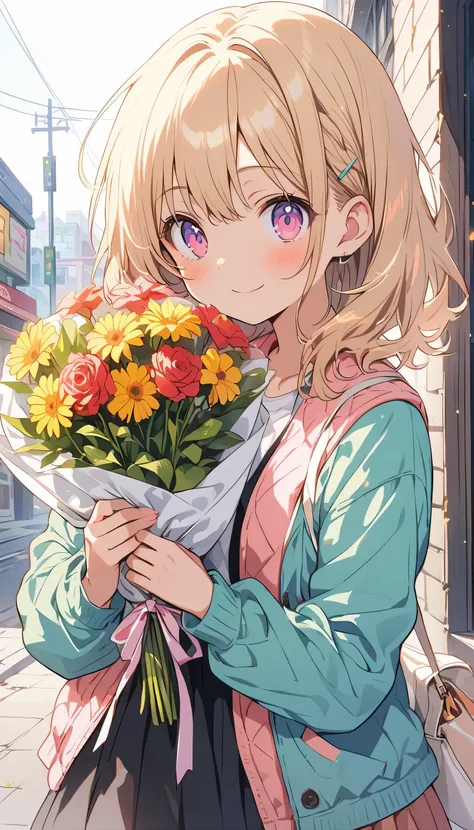 1 girl、Spring casual outfit、pastel colour、(Buy a bouquet at a florist)、Inside the store、City florist、Friendly atmosphere、(highest quality、masterpiece、High resolution、detailed)anime style、flat style、(Shining Eyes、Beautiful Face),  BREAK,anime