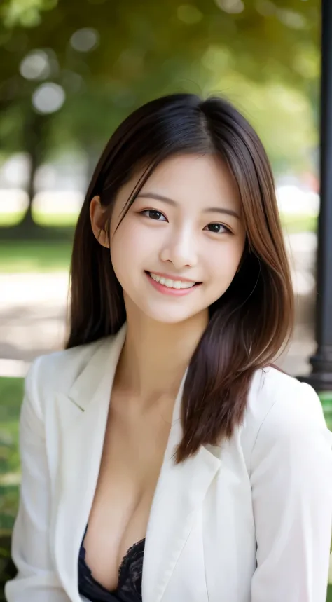 masterpiece,best quality,(Japanese ),((Beautiful girl)),cleavage,(park bench),(perfect body beauty:1.2),(shy smile),beautiful teeth,