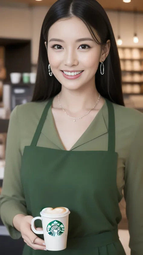 Hostess&#39;s face、Married women、Married Woman、Beauty、Starbucks green uniform、high quality、Super Ultra Realistic、healthy、smile、tall、Perfect figure、Japanese Beauty、 necklace、Earrings、Perfect eyes, beautiful skin、Upper Body、looking at the camera、Making coffe...