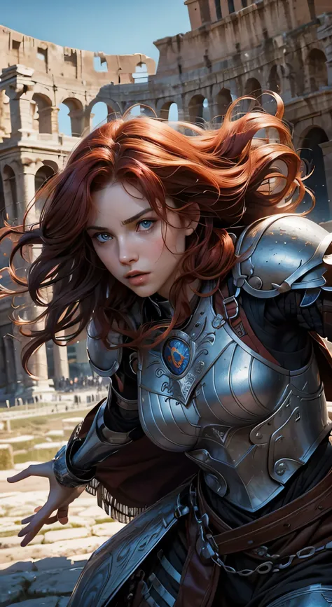 1 woman, brave woman, 20 years old, solo focus, red wavy hair, fashion hair, light blue eyes, toned body, intricate paladin armor, battle poses, masterpiece, ultra HD, raw photos, detailed skin textures, detailed face, detailed hair, detailed crown, perfec...