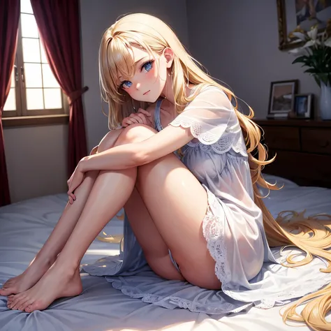 ((best quality)), ((masterpiece)), (detailed), perfect face, sexy body, girl, curled up on the bed while hugging her knees, wear short nightgowns, Long blonde hair flowing beautifully, scared face, pretty, good, nervous ,her legs covered under blankets, 