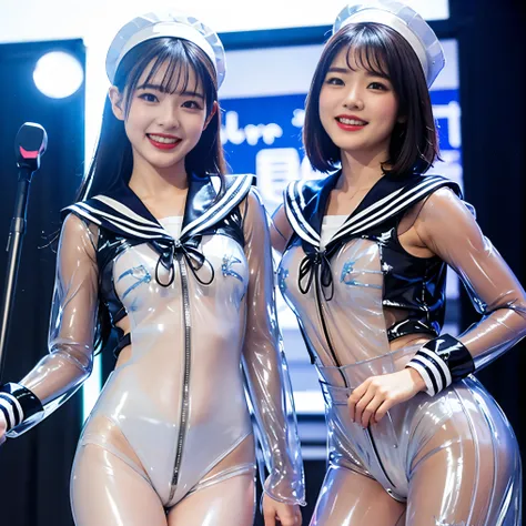 A young and beautiful woman、very beautiful、Top Idol、(Concert)、Euphoric look、smile、sweating、((Tight transparent latex sailor suit:1.45))、(ribbon、Sailor Hat)、Dance hard、Hair is moving、Spotlight、View your viewers、