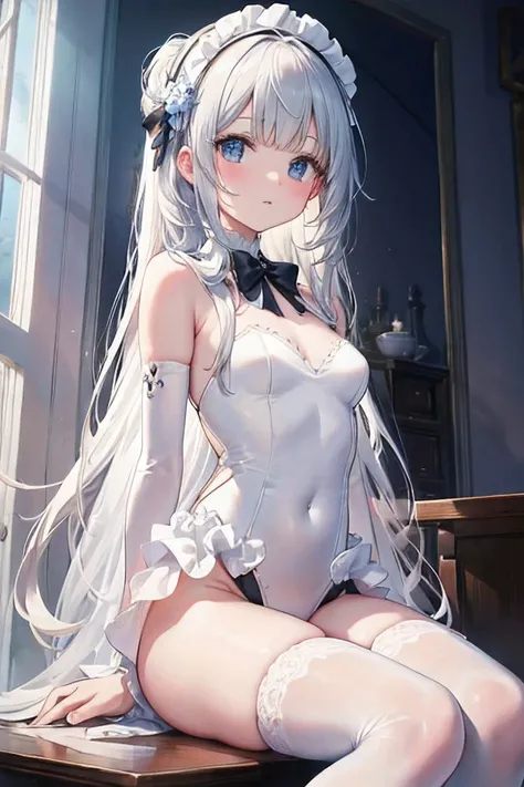 perfect anatomy, white theme, beautiful android girl, detailed mechanical parts visiblem,embossing decoration on body, flower design silver trim on mechanical parts, wearing white lace leotard and (tutu:1.2), white soft light,white shiny room with smooth s...