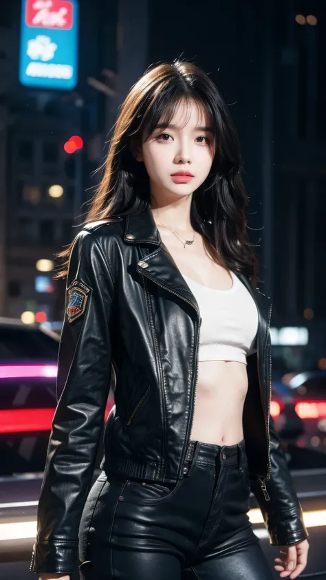 portrait of emb-haiz, Pretty Face, Cyberpunk city by night. She was wearing a leather jacket,underwear,  Black jeans, Dramatic Lighting, (badge:1.2).