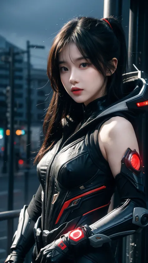 1 Japanese girl, Warframe, complex patterns, Heavy Metals, Energy Line, The Faceless, Glowing eyes, elegant, intense, Blood red and black, Solitary, Modern, City, street, dark clouds, thunderstorm, Heavy rain,, Dramatic Lighting,, (masterpiece:1.2), best q...