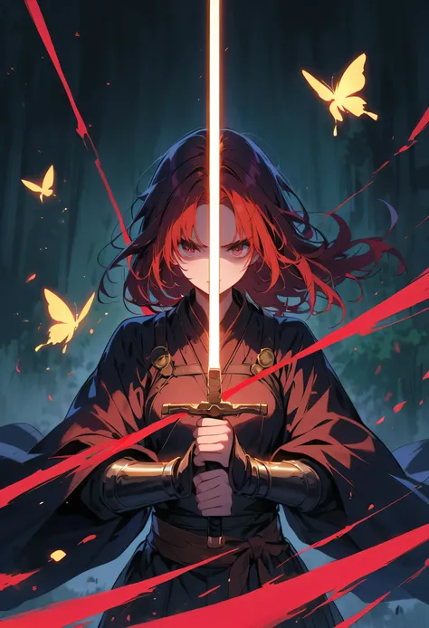 dark atmosphere，dark background，female swordsman in the dark，glowing golden sword，lightsaber，invisible face，Sword in both hands，night，dark，fear，sword focus，Glowing butterflies flying in the air