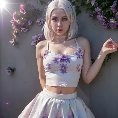 realistic, 1girl, white hair, purple eyes, glowing eyes, crop top, skirt, parted lips, blush, night, flowers, sun, sunlight,