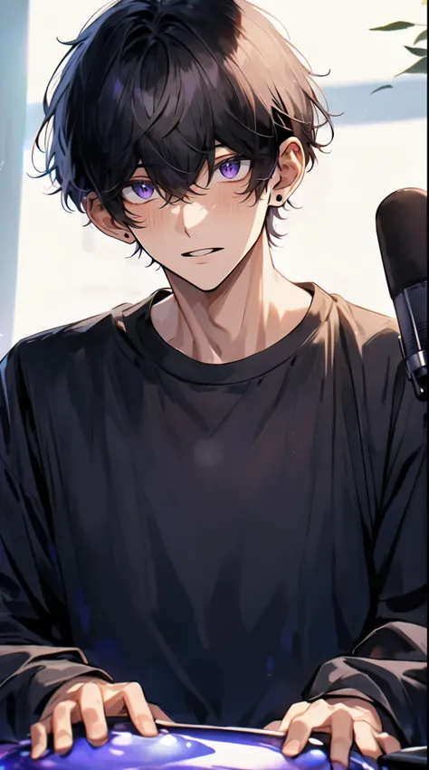 Condenser microphone, Anime illustration of a young, handsome man with short black hair and purple eyes, recording a slime-themed ASMR video. This time, he wears an alluring casual black outfit, enhancing his refined look. The slimes are meticulously organ...