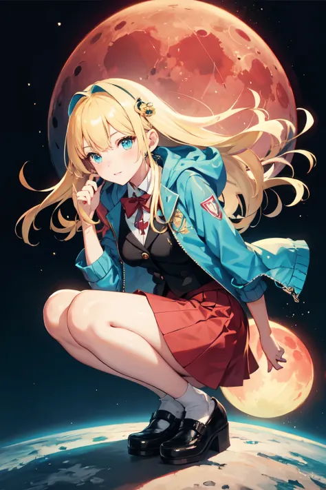 ((best quality)), Girl, blonde hair, blue shoes, jacket suit, bando, in red moon planet, blush, skirt