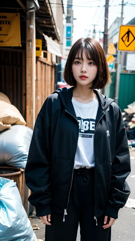 18-year-old,Korean women,(((Facing forward))),カメラをGlaring,(Very fine eye), (((Fabric Shading))), (((highest quality))), (((masterpiece))) strong girl, (((Realistic))), Black Hair, chic hairstyle, ((With bangs,Straight medium bob cut, nice hair)), Light mak...