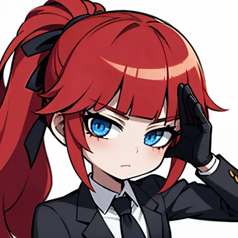 1girl, red hair, long hair, sidelocks, blunt bangs, blue eyes, blush, pale skin, flat chest, uit, formal wear, black gloves, tie, ponytail