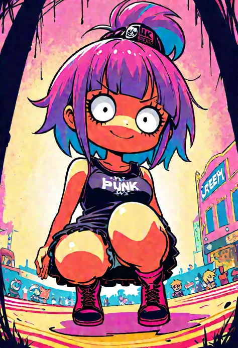 ((Hardcore punk girl))、((UK punk rock girl)), ((circus)),  ((squatting with legs apart)), scribble, nightmare, doll-like face, cartoon style, rough sketch, Horror elements, (masterpiece), (High resolution), (super delicate), (clear), Comic style illustrati...