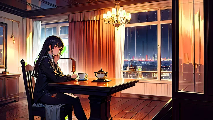 ((Masterpiece、Ultra-high resolution、8k resolution、highest quality))、night、nightのカフェ、One Girl、Sitting in a seat、Drinking coffee、indoor、It&#39;s raining outside the window