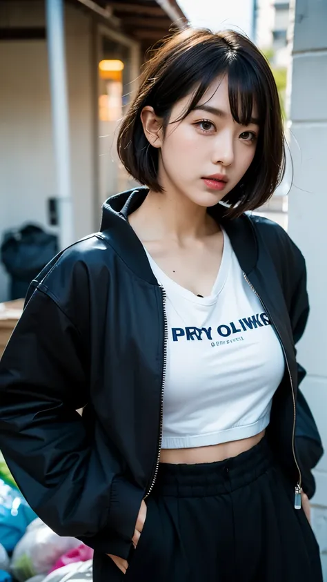 18-year-old,Korean women,(((Facing forward))),Frowning,カメラをGlaring,(Very fine eye), (((Fabric Shading))), (((highest quality))), (((masterpiece))) strong girl, (((Realistic))), Black Hair, chic hairstyle, ((With bangs,Straight medium bob cut, nice hair)), ...