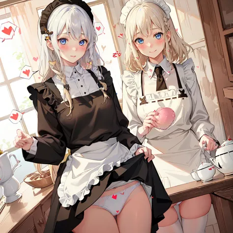 highest quality、masterpiece、((2 girls))、((smile))、(blush:1.3)、Black Shirt、blouse、((fun!!))、(Small breasts)、(One-strand braid)、(Blonde)、()、((White apron:1.5))、((Maid))、((hair ornaments)),、Kamimei、look at me、 ((in house:1.5))、 Taking a break from watching th...