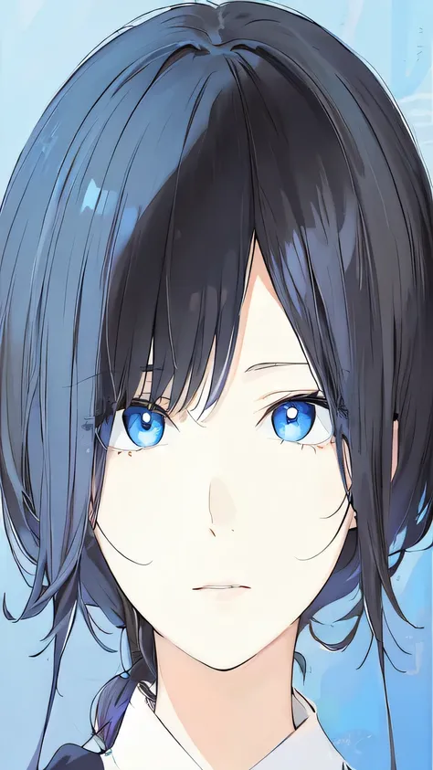 Japanese cartoons girl with Blue Eyess and black hair with a white shirt, Sayori, perfect Blue Eyess, clear Blue Eyess, Blue Eyes. Japanese cartoons, Blue shining eyes, Japanese cartoons portrait of shiina ringo, a portrait of a Blue Eyes girl, detailed po...