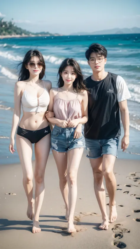 Family of 3 running on the beach with balloons in hand, happy family, people on the beach, sunny on the beach, Clear skies, photo, in stock, Best Adobe Stocks, photo, on the beach, shutter, shooting, Good morning, (rich and colorful), holiday photos, , hol...