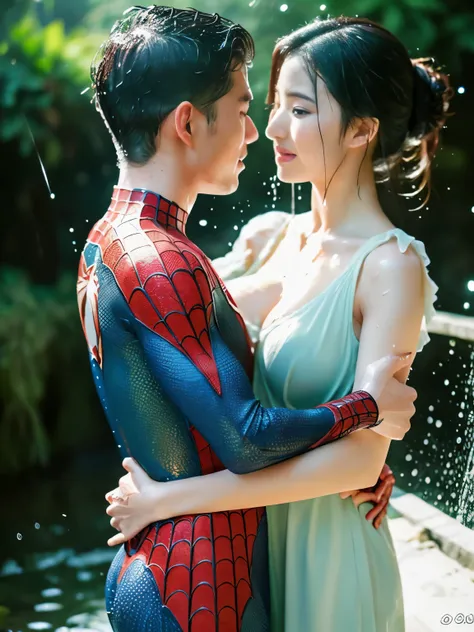 (the concept of bathing together with your lover), perfect face, hyper realistic face, realistic eye, perfect eye, realistic lips, hyper realistic photo, best photo, A pair of lovers, a man (spiderman/handsome man) and a female (pperfectt beauty Asian woma...