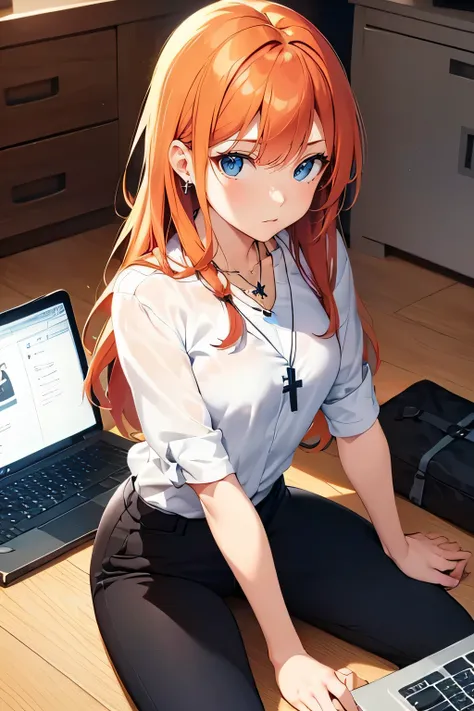 Ginger hair, blue eyes, long hair, straight bangs, Office dressed ((Black office pants )) , woman, illustrations, high-quality, ultra-detailed, realistic, vivid colors, portraits, warm tones, soft lighting. ((Necklace with a cross)). Woman. Full body ((Sit...