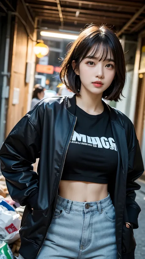 18-year-old,Korean women,(((Facing forward))),Frowning,カメラをGlaring,(Very fine eye), (((Fabric Shading))), (((highest quality))), (((masterpiece))) strong girl, (((Realistic))), Black Hair, chic hairstyle, ((With bangs,Straight medium bob cut, nice hair)), ...