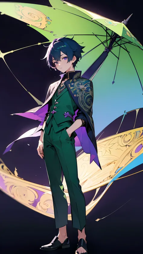 ((high definition)), ((full body))  photography, ((enchanting)), , ((looking at camera)), Detailed anime , Detailed face, Sharp Focus, (Detailed and intricate), anime boy fashion ,simple, color mix , green,  purple ,