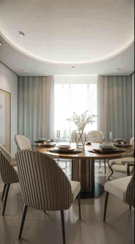 there are many chairs around a table in a room, rendered in v-ray, rendered in vray, rendered in povray, high-quality render, vray rendered, rendered in corona, elegant render, in style of 3d render, render in vray, with backdrop of natural light, rendered...