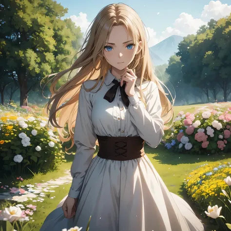 A very beautiful girl from the anime Attack on Titan, with light brown hair, the inner part of her hair is light blond, she has a blonde streak, bright sea blue eyes, and pale white skin. She stands in the middle of flowers, and the air caresses her hair a...