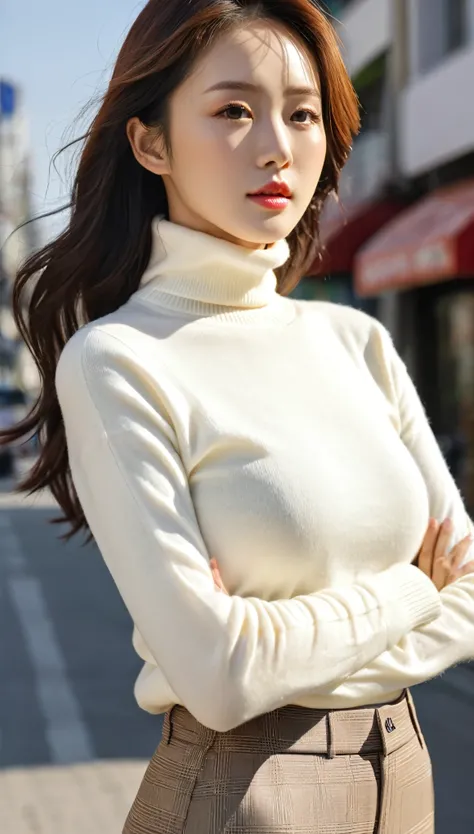 close-up of beautiful korean female, 34 inch breasts size, wearing turtle neck sweater, pants, arm crossed, at street side, under the sun shine, UHD