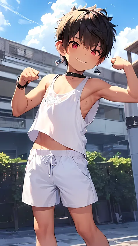 (shota:1.5), (baggy white tank top:1.5), ((blue short pants)), (thumbs up), (((best quality))), (((masterpiece))), (ultra detail...