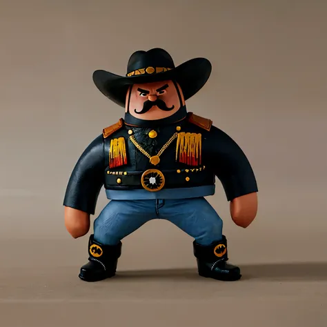 A cowboy,comic cartoon character,he have long black moustache, he have big round eyes,he wear cowboy jacket, boots,his body structure is heavyweight, he standing straight front position, sharp and smooth detailing,best quality image