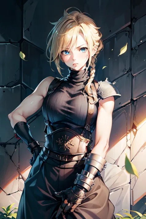 (masterpiece, best quality:1.2), expressive eyes, perfect face, highres, 1 girl, solo, (female:1.5), strife, blonde hair, shoulder armor, sleeveless turtleneck, suspenders, belt, gloves, bracer, blushing, surprised face, standing, portrait, looking at view...