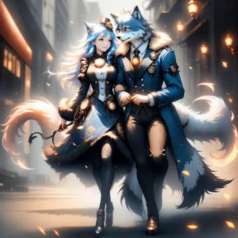 man and woman, wolf man, wolf woman, full body portrait, full fur, magic fur, full tail, big tail, magic tail, magic hair, long ...