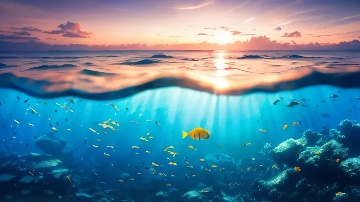 tmasterpiece， high high quality， Extremely detailed CG Unity 8K wallpaper， Skysky，sea surface，In the daytime，The landscape， ocean floor，  Mare， The fish， the shark， jelly fish， the reef， without humans， an award winning photograph， Bokeh， depth of fields， ...