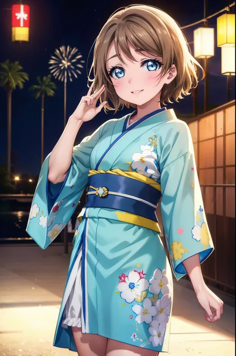 Yowatanabe, Watanabe Yo, short hair, blue eyes, brown hair, blush,Blue headband,happy smile, smile, Open your mouth,Blue Kimono,White tabi sandals,日本のfestival，夏festivalの屋台、Red lantern,Fireworks display,night,moonlight,
break outdoors, festival,
break looki...