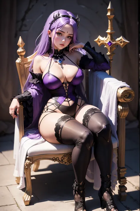 1girl, a knight, purple hair, beautiful face, skull tiara, full body amor, black heavy amor, perfect body, large breast, purple panty, sit on acient chair, black sword, look at viewer, hell back ground
