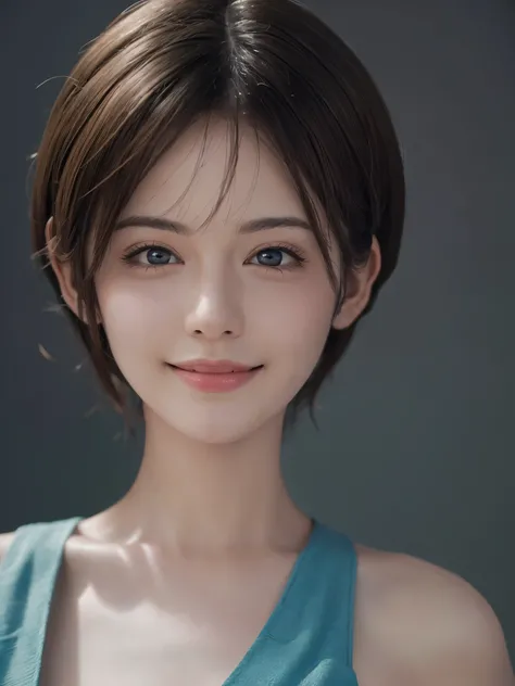 (masterpiece:1.3), (8k, Realistic, RAW Photos, highest quality: 1.4), (One girl), Beautiful face pixie cut smile 